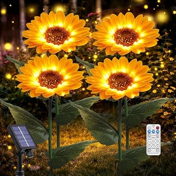 Solar Sunflower Lights Outdoor& Indoor-4 Pack Sunflower Lights with Remote, 8 Modes Home Garden Decor,Sunflowers Gifts for Mom Women Grandma Birthday, Patio Yard Pathway Wedding