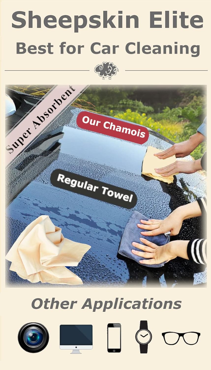 SHEEPSKIN ELITE Chamois Drying Cloth Car Drying Towel Real Leather Super Absorbent Fast Drying Natural Chamois Car Wash Cloth Accessory (2 SQ Each, 4 SQ FT in Total)