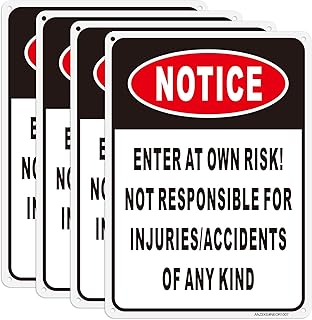 Notice Enter at Own Risk Sign 4-Pack, Not Responsible for Accidents or Injuries Sign, Caution Safety Signs, 10"x 7" Rust Free Aluminum Signs, Reflective, UV Protected and Weatherproof