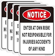 Notice Enter at Own Risk Sign 4-Pack, Not Responsible for Accidents or Injuries Sign, Caution Safety Signs, 10"x 7" Rust Free Aluminum Signs, Reflective, UV Protected and Weatherproof