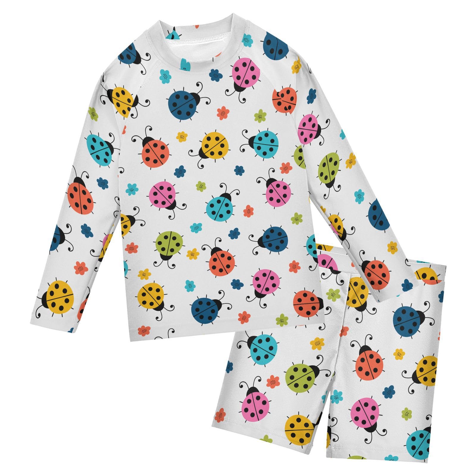 Aflyko Kids' Bathing Suit Set Rainbow Spring Ladybug Flower Long Sleeve Swim Tops with Shorts Summer Vacation Pool Party Rashguard Fun Cute Toddler Infant Beachwear, 4T