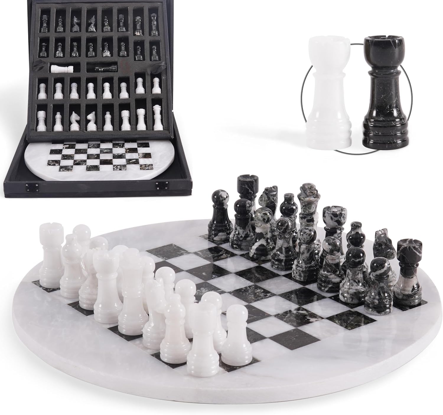 EarthenTones Marble Chess Set for Adults, Oceanic & Zebra Black 12" Handmade Chess Board with Storage Box & 2 Extra Queens, Classic 2-Player Game, Unique Gift & Home Décor — image 1