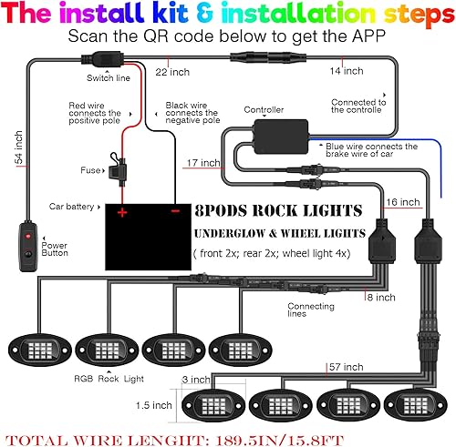 Miniatura 14 de 【Clear Stock】 6-Pack Trucks LED Underglow Pod Rock RGB Neon Under Wheel Well Lights Lights Kit, Dual-Zone 96LEDs + 27LEDs Interior Light Kit with