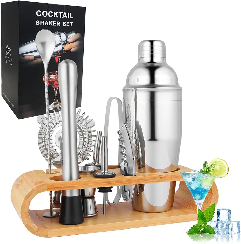 Kit Coqueteleira Bar Profissional 750ml Inox 304 com 10 Peças e Suporte de Madeira - Coqueteleira Inox, Kit Caipirinha, Aço Inoxidável Reforçado, Resistente a Frio e Calor, Fácil de Limpar