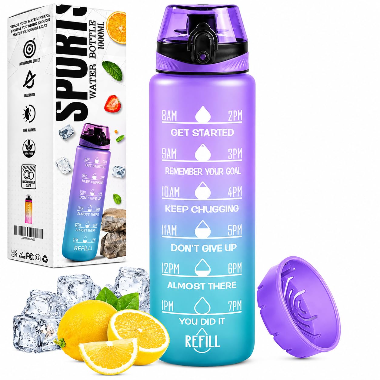 Roe Tenpo Blue-Purple Water Bottle 1L, Sports Water Bottle With Time Markings, Bpa-Free, Leak-Proof Drinks Bottle, Perfect For Running, Cycling, Gym, Yoga, Camping And Outdoor Activities,