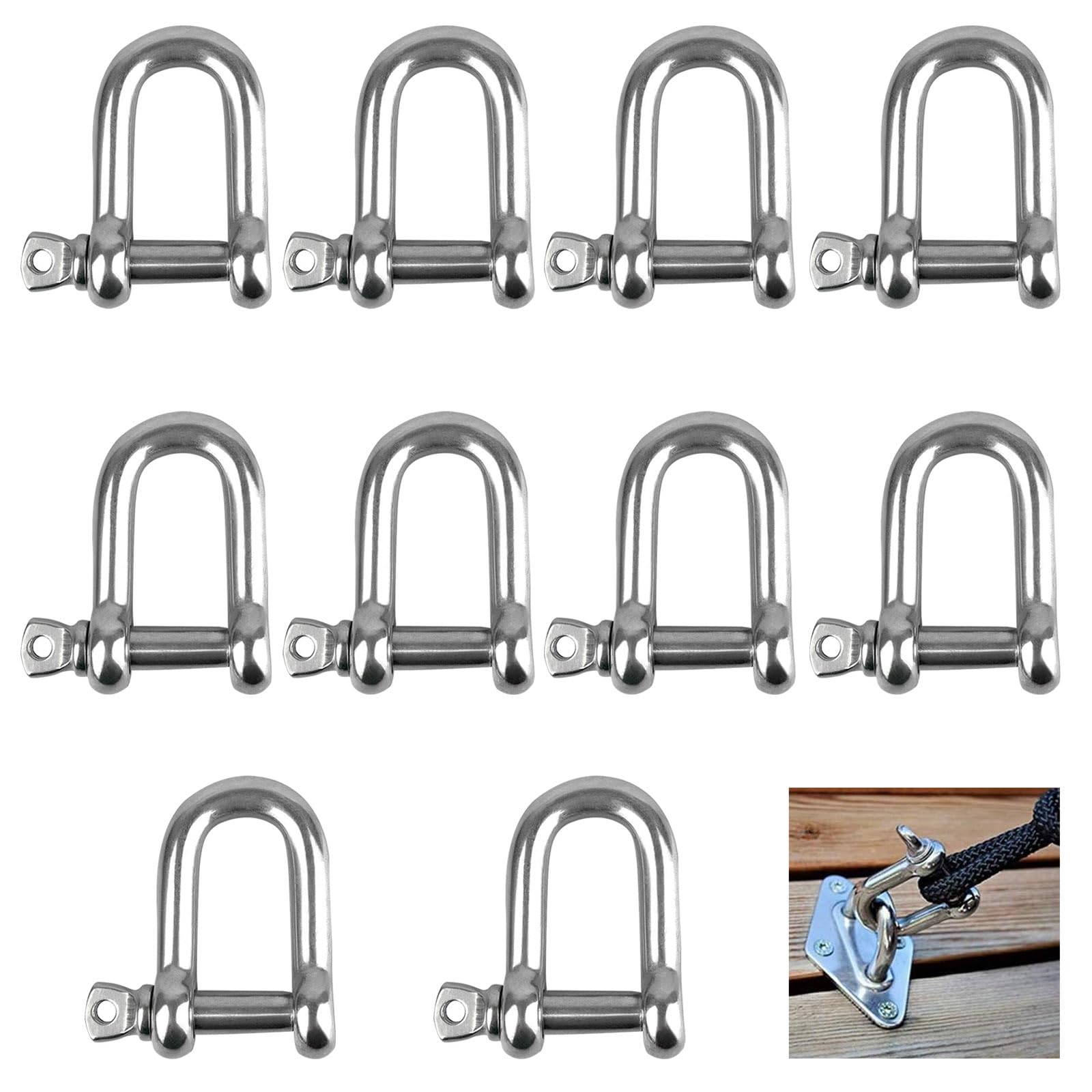Grillo a D, 10 pezzi Grillo di Ancoraggio, Grillo a D M6 in Acciaio Inox, Grillo a D in Acciaio Inox 304, Grillo Dritto a D, Portante Tipo D Grillo, per Catena di Cavi di Sartiame