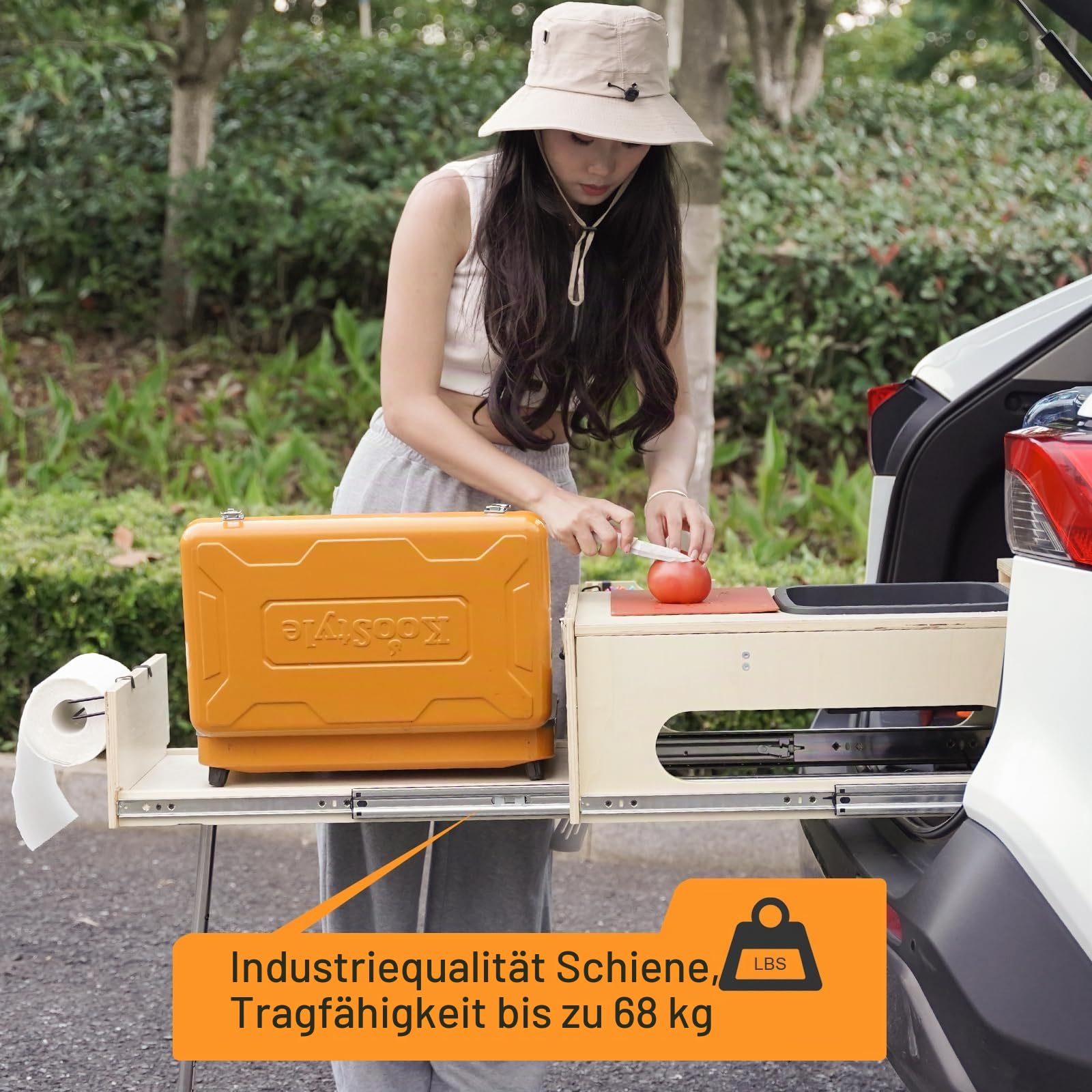 Overland Küchen-Ausziehsystem, All-in-One Camping-Küchenbox mit Spüle, Schneid- und Kochfunktionen, zusammenklappbarer Campingtisch für SUV, Overlanding & Autocamping, schnelles 1