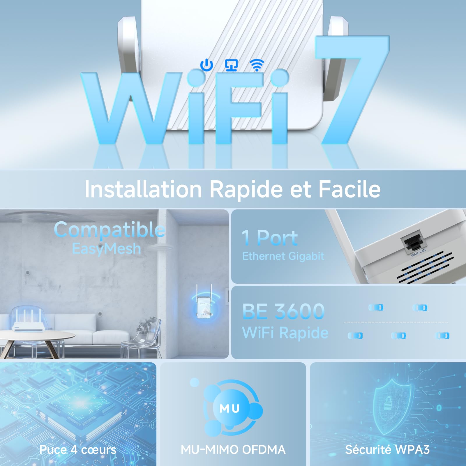 COMFAST Ripetitore WiFi Potente BE3600 Mbps, WiFi 7 Amplificatore WiFi | Doppia Banda, 4*5dBi Antenne, 1 Porta Gigabit, Ripetitore WiFi Potente Compatibile con Tutti I Box Internet