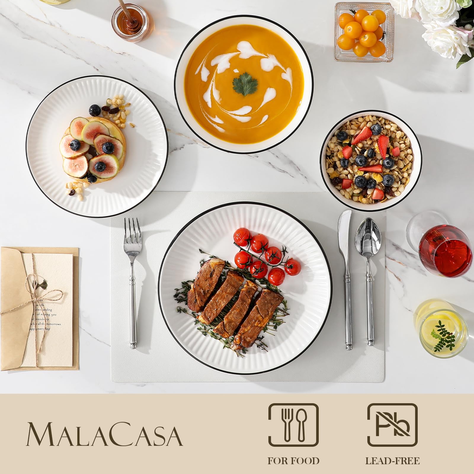 MALACASA Servizio di Piatti in Porcellana per 6 Persone, 24 Pezzi Set Piatti Moderni con Rilievo a Motivi Ondulati, Bianco con Bordi Neri - Serie LEILA