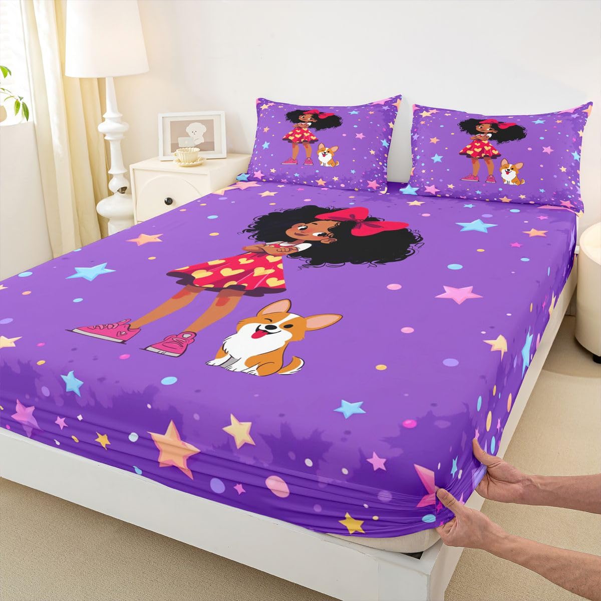Homewish Kreskówka czarne dziewczęce prześcieradła podwójne koloful gwiazdy nadruk zestaw pościeli śliczne kropki zestaw pościeli - Kawaii łuk pies dopasowane płaskie prześcieradła 4 sztuki
