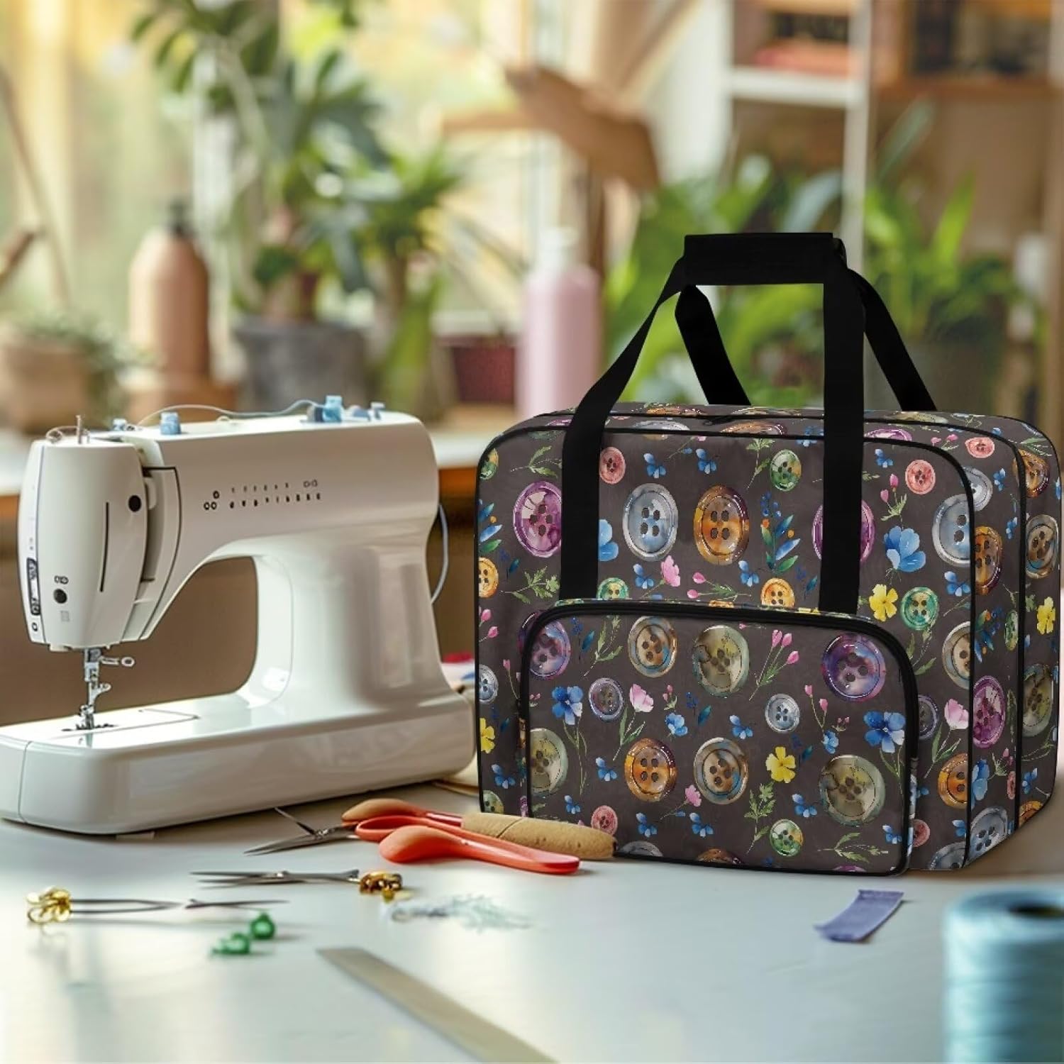 Sewing Machine Storage Bag Large Capacity Dust Bag Universal Travel Tote Bag Portable Sewing Machine Carrying Case for Most Standard Size Sewing Machines and Accessories, Button Floral Leaf