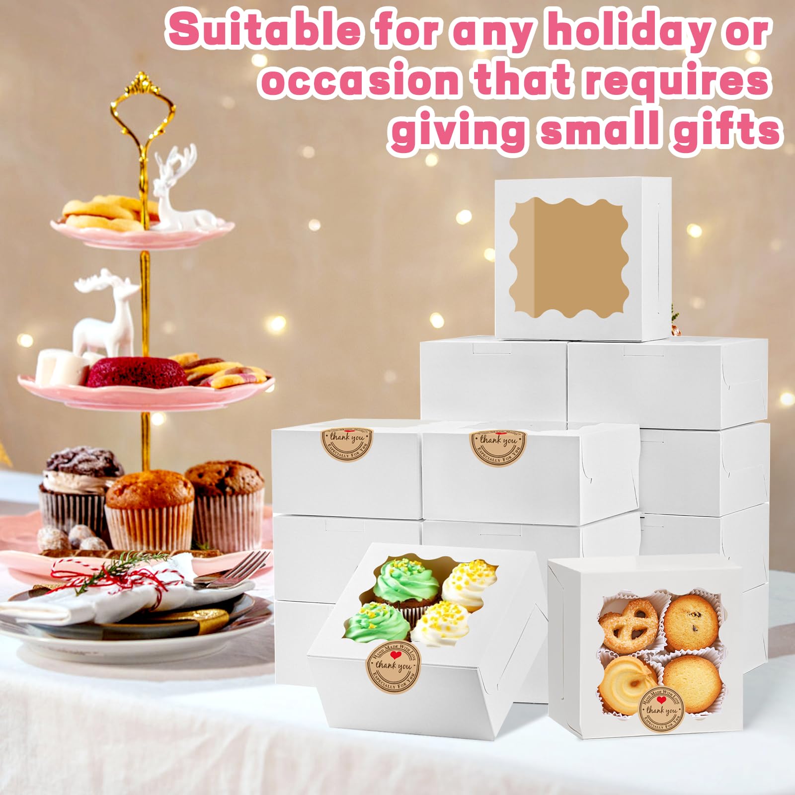 LTWQLing 50pcs White Cookie Boxes,4x4x2.5 Inches Bakery Boxes with Window,with Stickers, for Mini Cake Treat Dessert Pastry Donuts Macaroon Strawberries Chocolate Candy