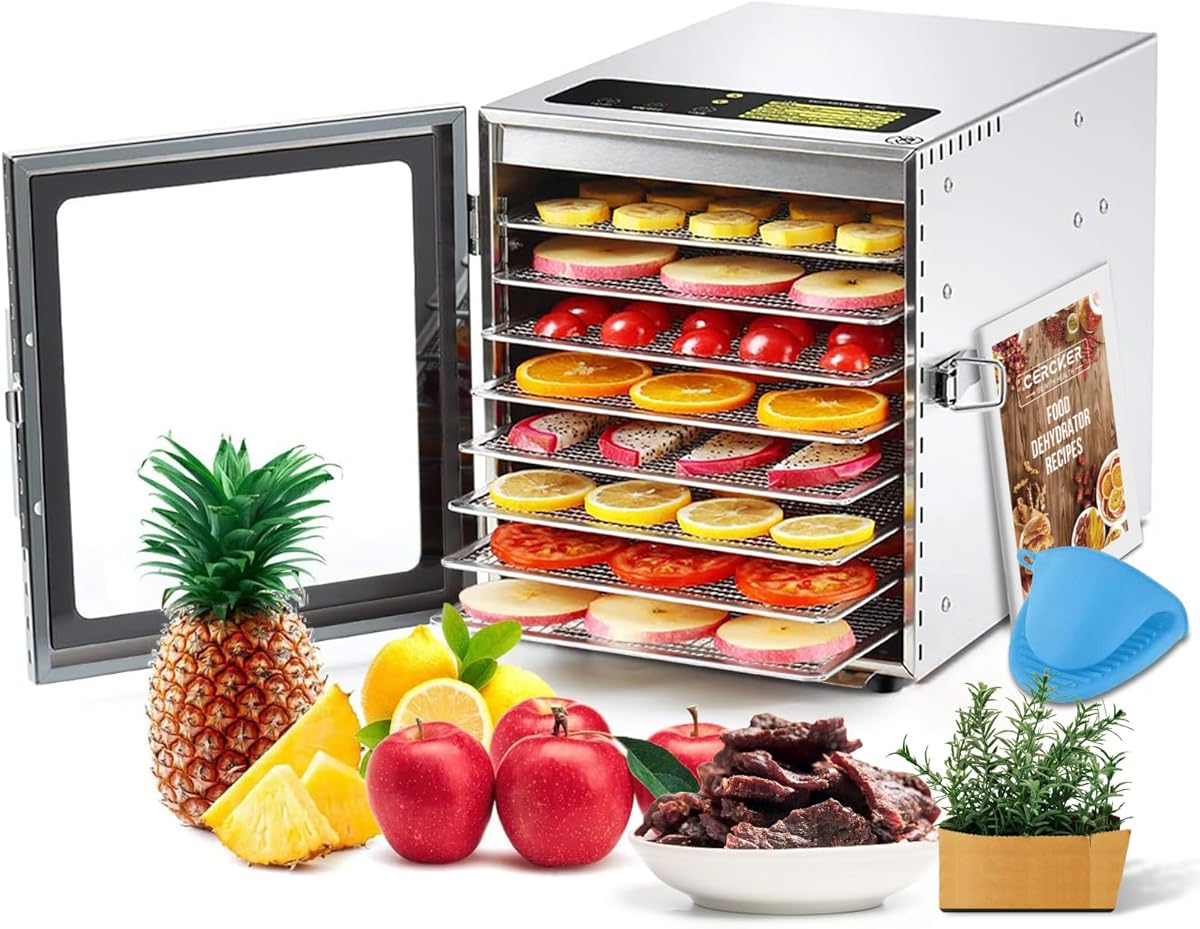 Food-Dehydrator Machine 8 Stainless Steel Trays, 500W Jerky Dehydrator for Meat, 190ºF Mushroom Dryer, 24H Timer Fruits Dryer for Herbs, Veggies, Yogurt & Dog Treats