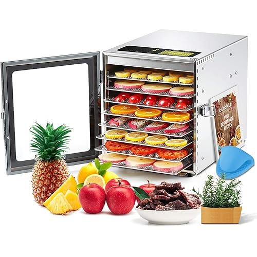 Food-Dehydrator Machine 8 Stainless Steel Trays, 500W Jerky Dehydrator for Meat, 190ºF Mushroom Dryer, 24H Timer Fruits Dryer for Herbs, Veggies, Yogurt & Dog Treats