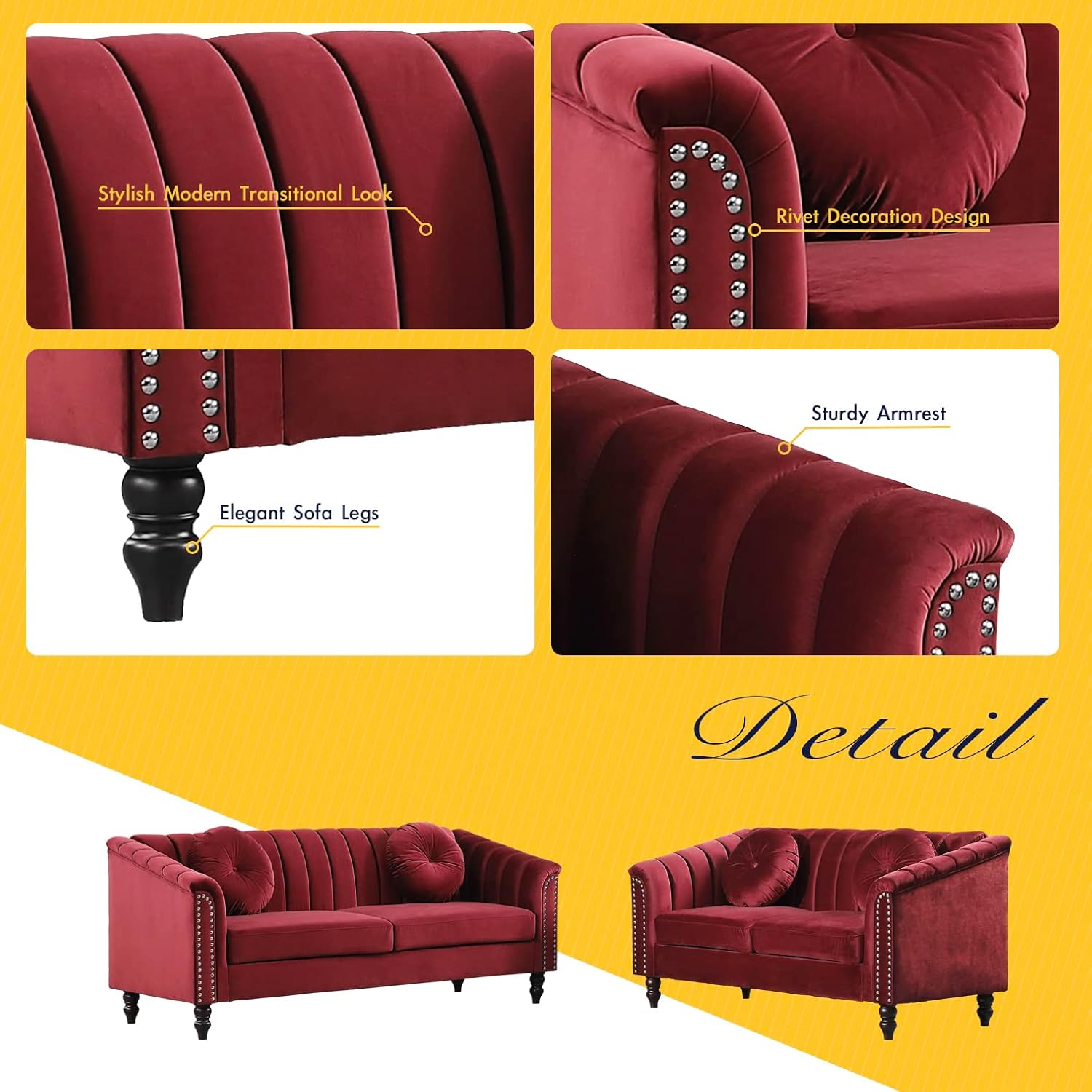 Jessica 2 Pieces Living Room Set, Burgundy