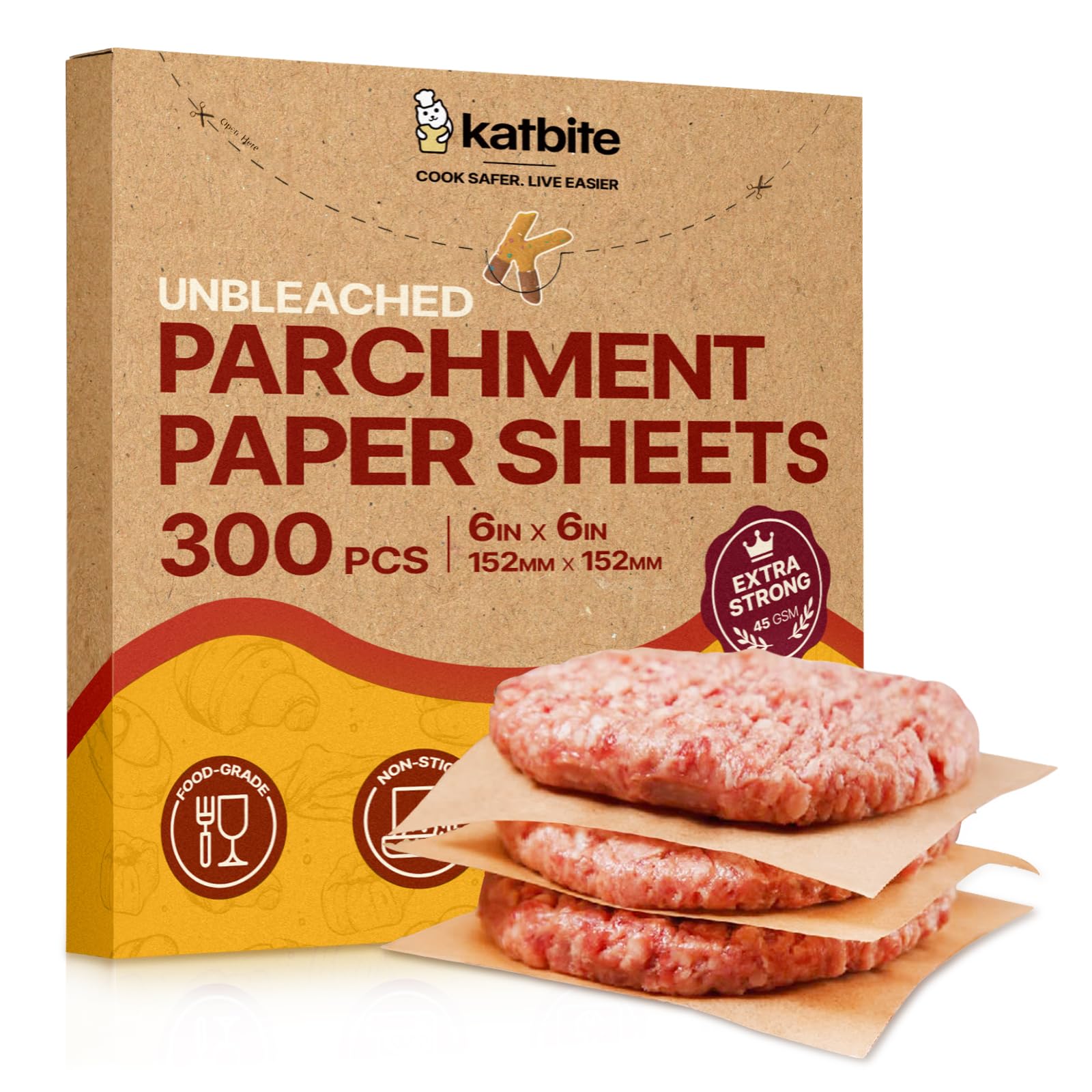 Katbite 300Pcs 6x6 Inches Patty Paper, Burger Patty Paper, Unbleached Parchment Sheets, Heavy Duty &amp; Non-Stick, Squares for Seperating Patty, Cookies, Storing Foods Wrapping Candies