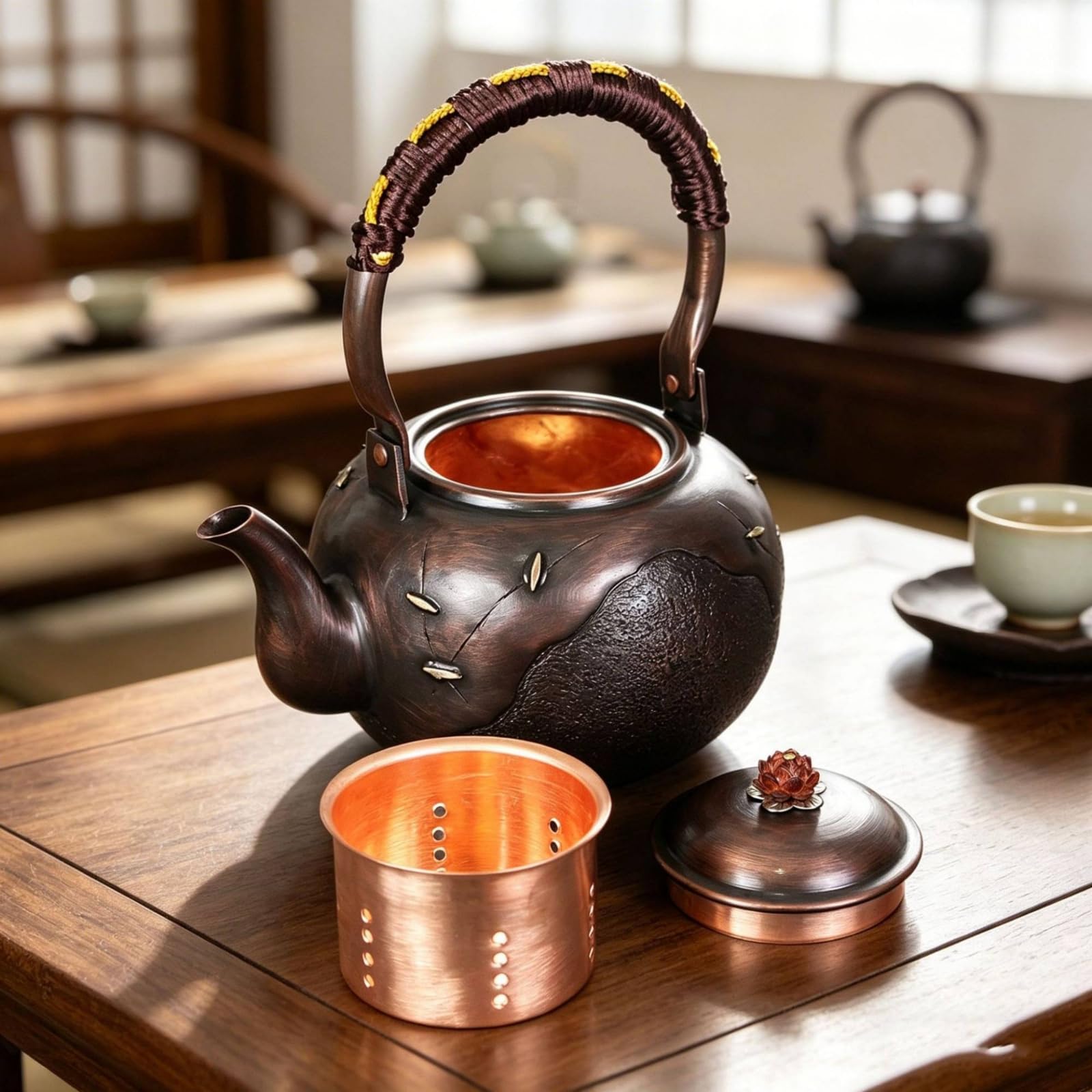 Tetera Cobre y Mango Revestido Cómodo Tetera Artesanal Cobre Portátil Hervidor con Mango para Aficionados Al Té, Cocina Rústica