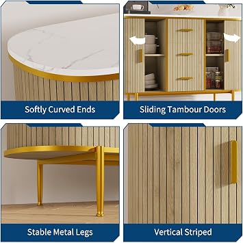 Garvee 47.3 Modern Buffet Cabinet with Storage, Mid Century Fluted Accent Coffee Bar Console Table with Faux Marble Top, 2 Curved Profile Sliding Doors & 3 Drawers for Kitchen, Living Room, Entryway