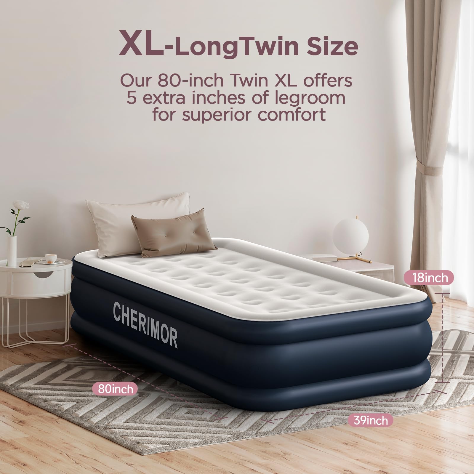 CHERIMOR Twin XL Air Mattress with Built-in Pump, 18" Raised Comfort, 80“ Length, 48Hr Leak-Proof Test, Upgraded Honeycomb Pillar Design, Supports 500 lbs, 2-Min Inflation for Home, Guests & Camping - 3
