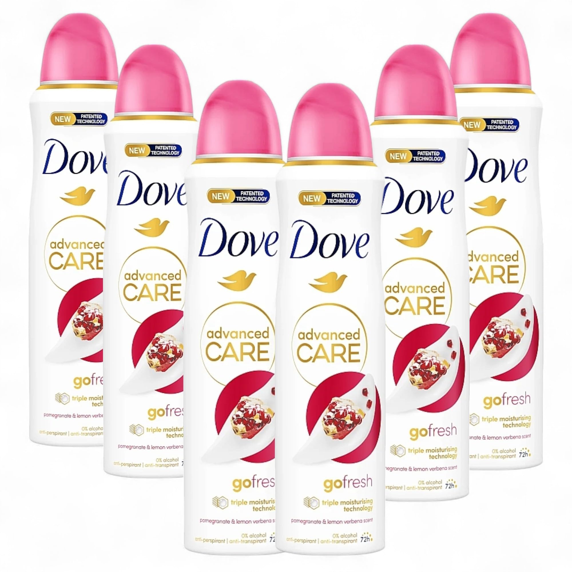 Dove Advanced Care Go Fresh Granatapfel, mit feuchtigkeitsspendender und hautfreundlicher Formel, ohne Alkohol, trockene Haut bis zu 72 Stunden, Deodorant für Damen und Herren, 6 Stück à 200 ml