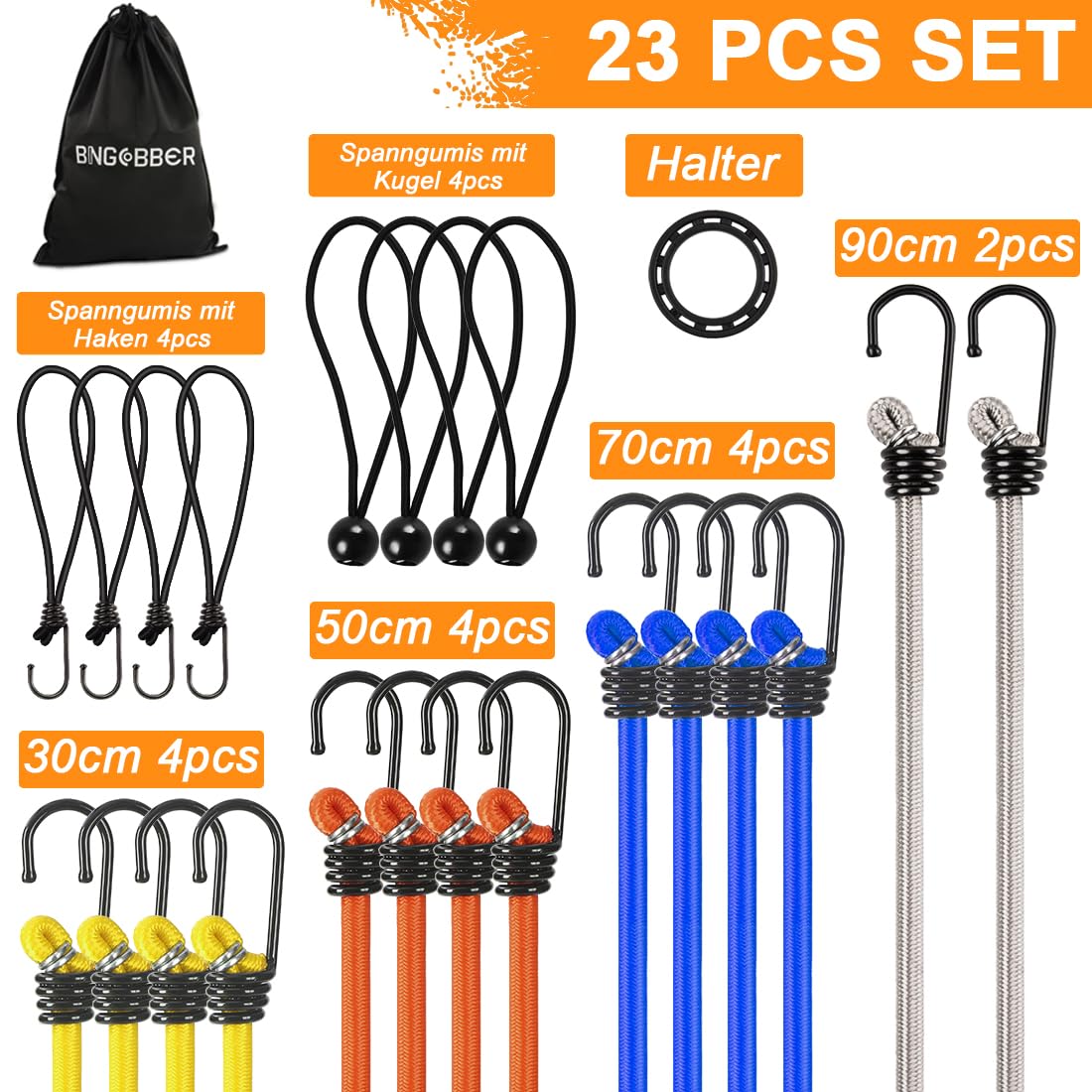 BINGCOBBER Set di 23 elastici con ganci, estensori per bagagli, in confezione multipla, per tenda parasole, supporto, cinghie di tensione con elevata portata, colorati