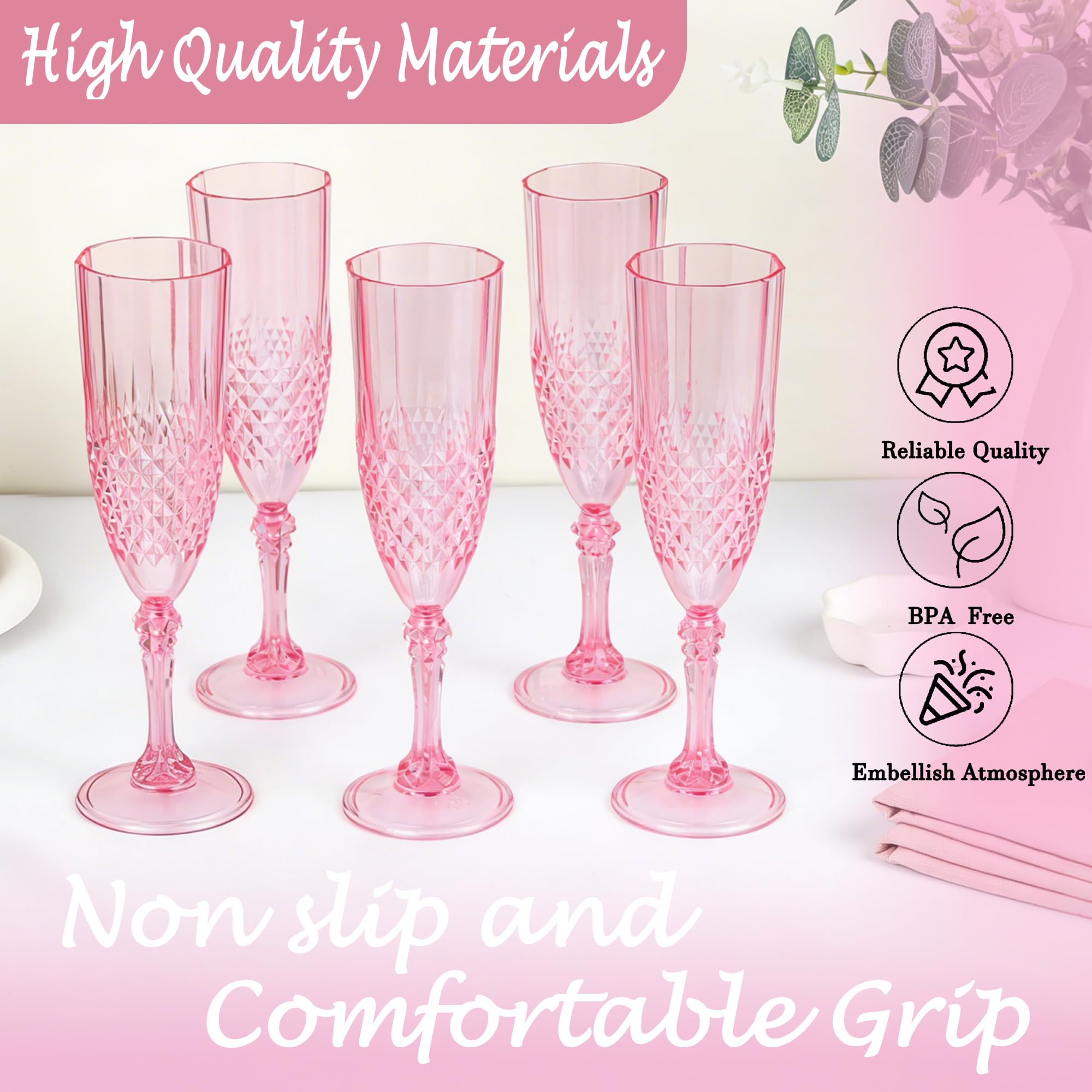 Flute da champagne in plastica, 24 calici da vino in plastica rosa, infrangibili, riutilizzabili, per matrimoni, feste di addio al celibato, brindisi ed eventi (24, rosa)