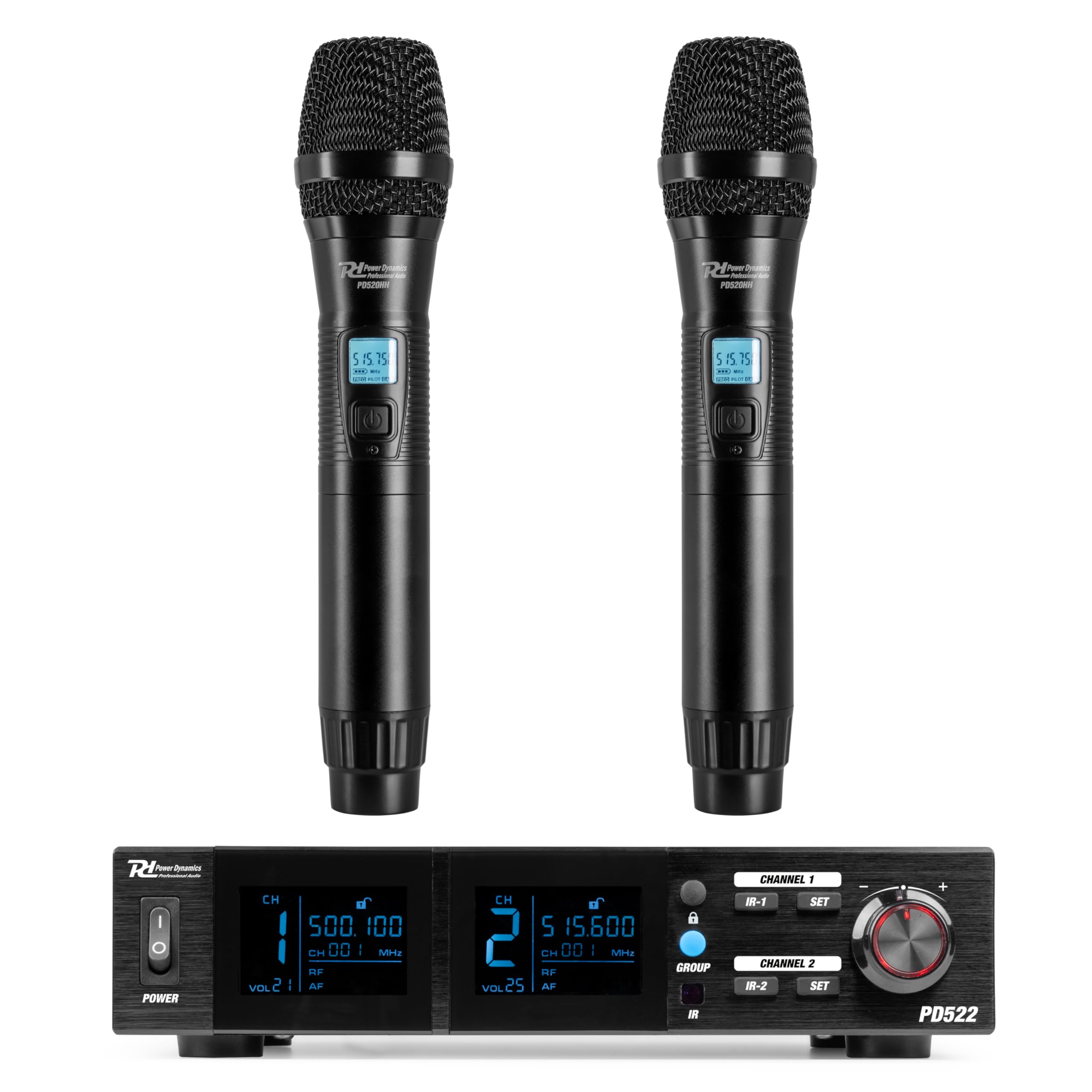 Power Dynamics PD522 Funkmikrofon Set – 2 Mikrofon Kabellos mit UHF & LCD Display – Wireless Microphone für Karaoke, DJ & Bühne – Drahtloses Mikrofon mit Empfänger & Akku – Mikrofon Wireless im Case