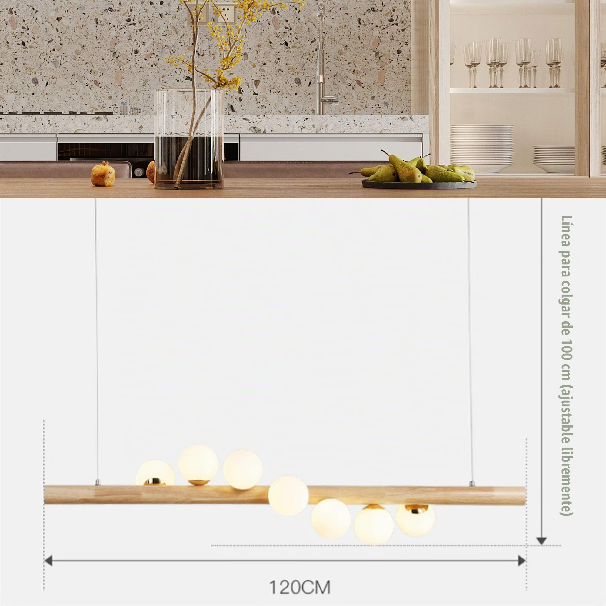 Lámpara Colgante LED De Madera Luces Colgantes Bola Ajustable En Altura Hecha Candelabros De Restaurante De Vidrio Con Lámpara De Techo Retro Iluminante G9 Para Lámpara De Comedor (7 Luces)