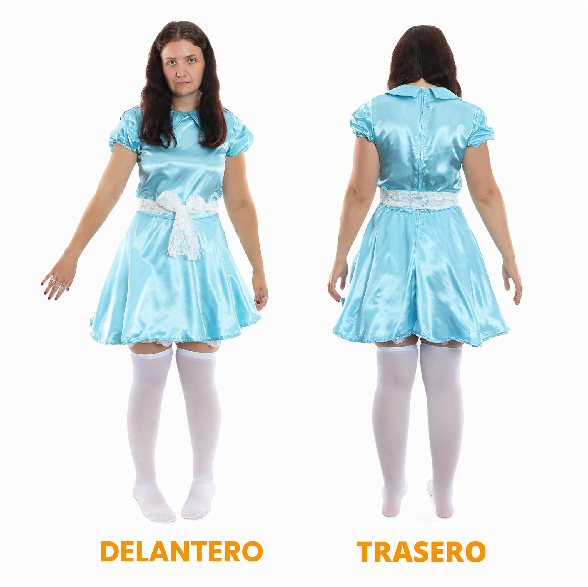 Juego de disfraz de hermanas gemelas malvadas para mujer, 2 vestidos azules, 2 pares de medias blancas, 2 cinturones blancos y sangre falsa, perfecto para disfraces de personajes de película y