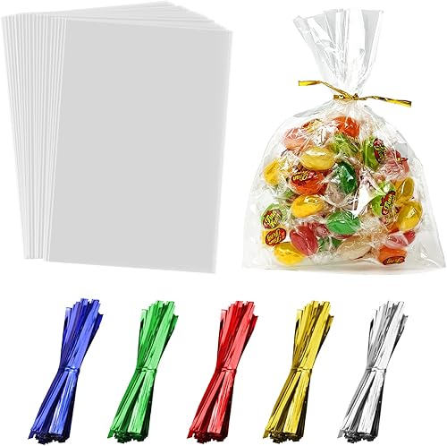 Arsmat 200 bolsas de celofán bolsas de celofán de 15 mils con lazos bolsas gruesas de golosinas transparentes OPP para panadería galletas dulces