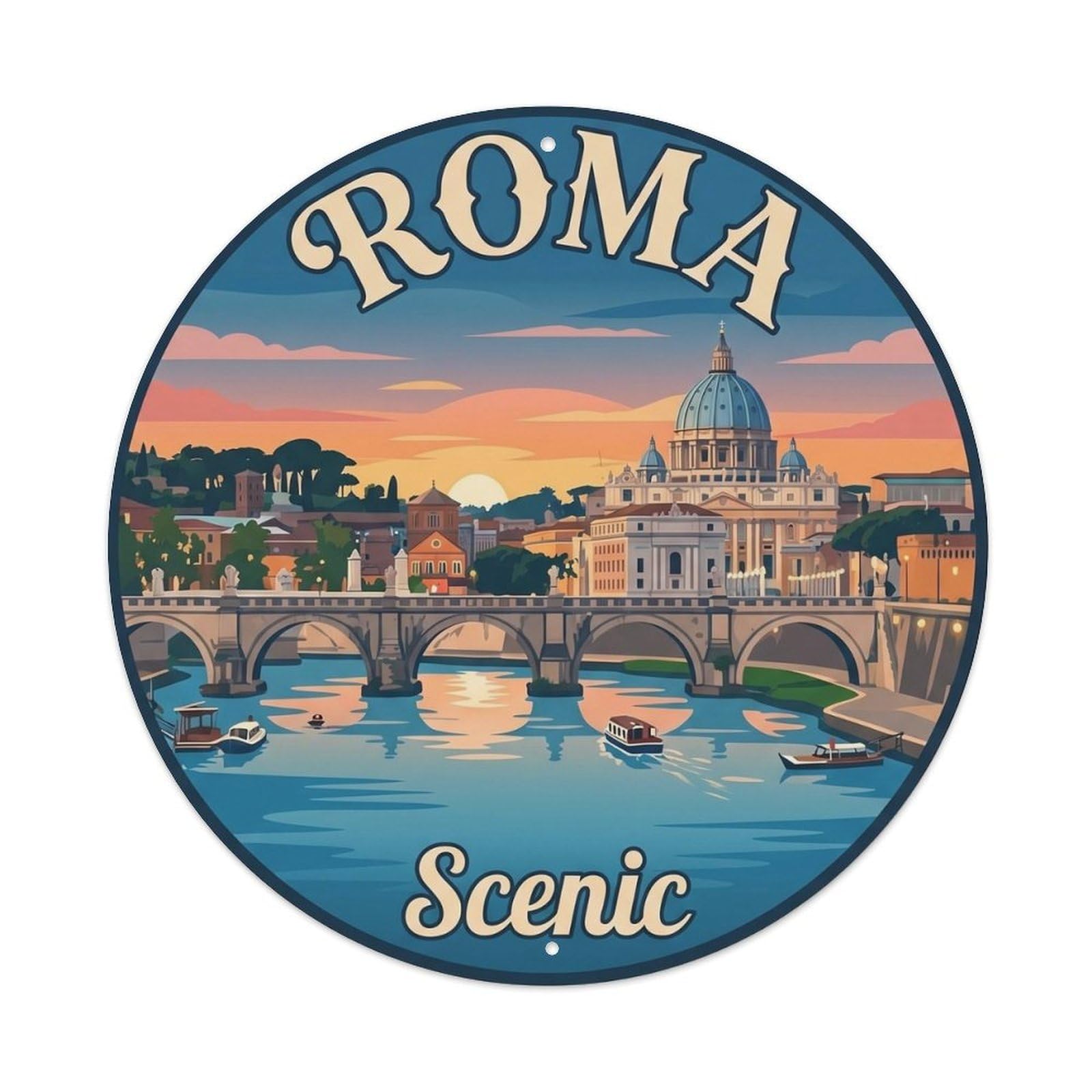 Italy River Destination Scenery Scenic Landmark City Metal Tin Sign Plaque Wall Decor for Cafe, Man Cave, Club Bar, Office, Home Garden Round Metal Poster 8x8Inch