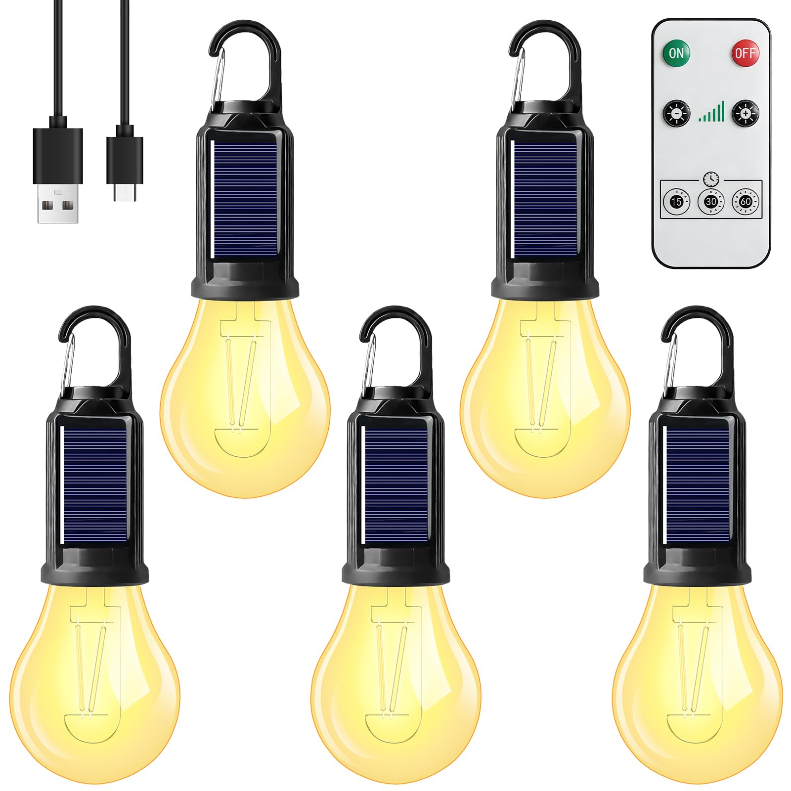 5 lampes de camping rechargeables, ampoules solaires LED avec télécommande, lampes de camping étanches avec 3 modes de luminosité, lampes de tente rechargeables pour le camping activités de plein air