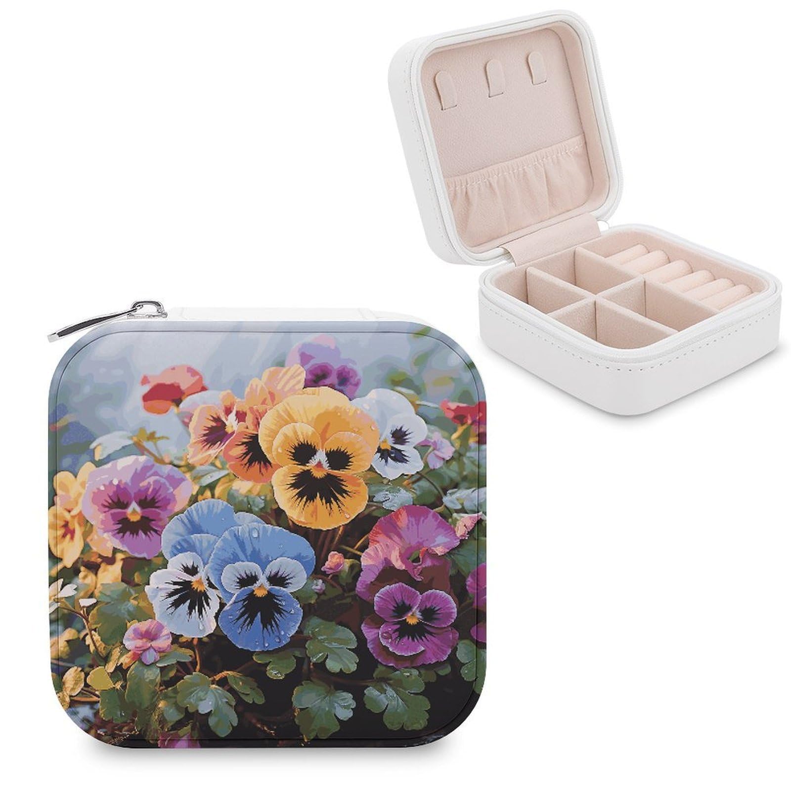 JTREHY Pansy Flowers Jewelry Box Personalized PU Jewelry Box Exquisite Jewelrys Organizer Case Small Portable Jewellery Storage Holder for Rings Earrings Necklaces Gifts