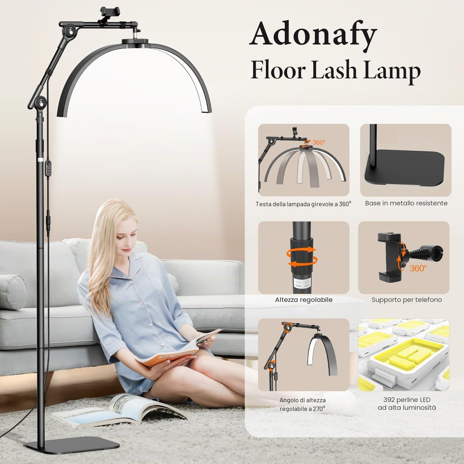 Lampada Extension Ciglia Professionale: 28" Lampada per Ciglia Regolabile con Supporto per Telefono - Testa Regolabile a 360°& 3000K-6500K per Tatuaggi, Truccatori, Nero