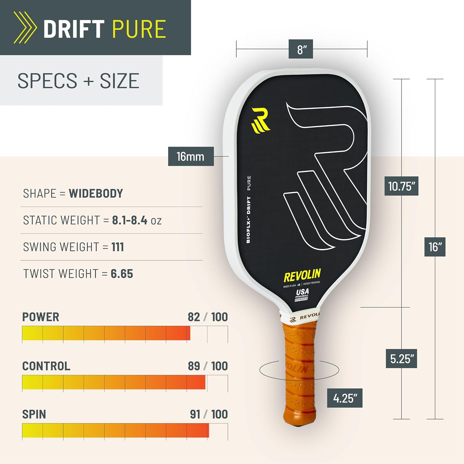 Drift Pickleball Paddles – Made in USA – Widebody/Elongated - 16mm Pickleball Paddle – BioFLX+ Technology for Control + Spin – USAPA Approved