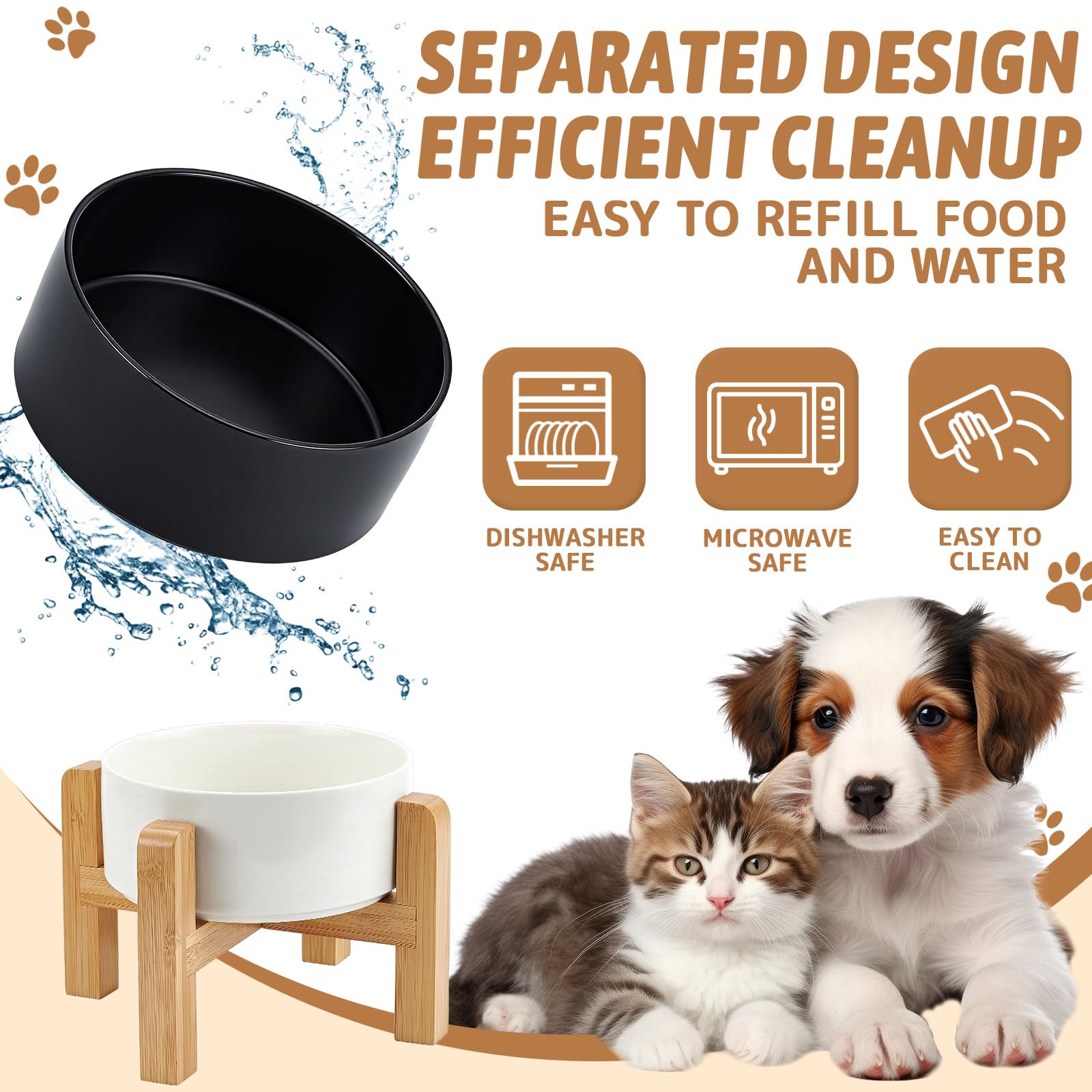2 gamelle Surélevée en Céramique de 15cm pour Chien Gamelles Surélevées pour Chiens avec Support en Bois Antidérapant Gamelles Robustes pour et Eau aux (Noir et Blanc)
