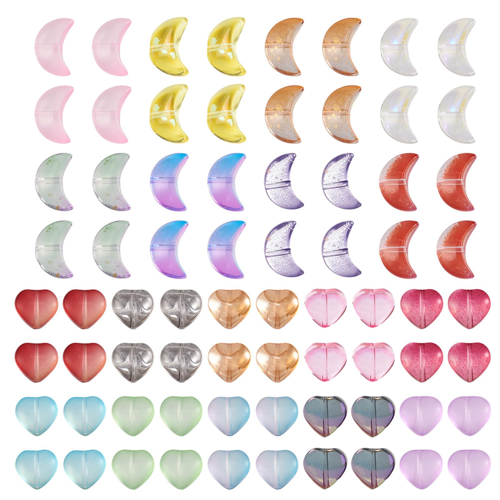 FASHEWELRY 180Pcs Moon Heart Glass Beads Crystal Crescent Moon Spacer Love Heart Loose Beads for Valentine's Day Bracelets Necklaces Jewelry Making