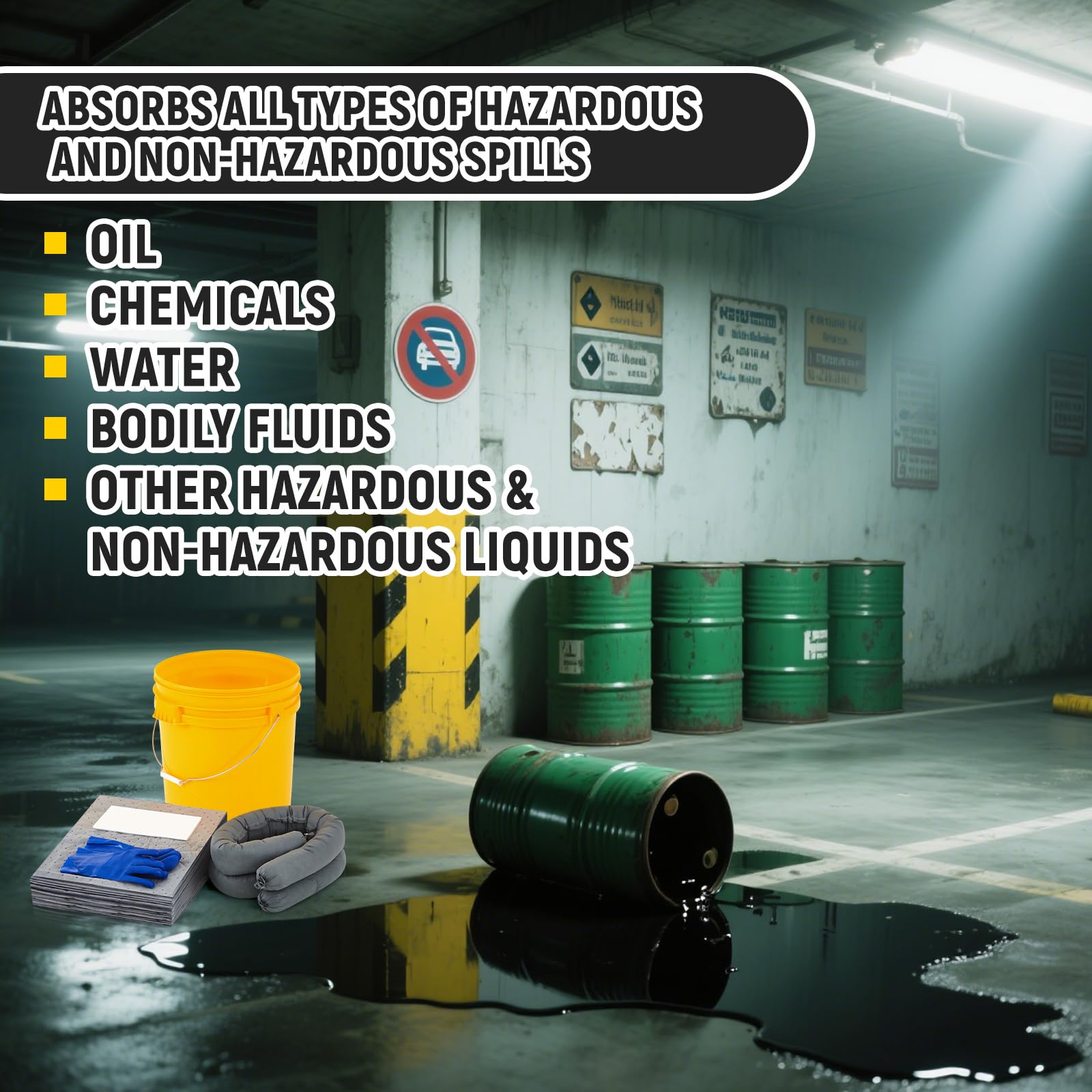 DoubleFill Kit universal de derrames portátil completo de 9 galones, incluye cubo amarillo, 30 almohadillas absorbentes, 4 calcetines absorbentes de 3 x 4 pies, 5 bolsas de desecho, guantes de PVC