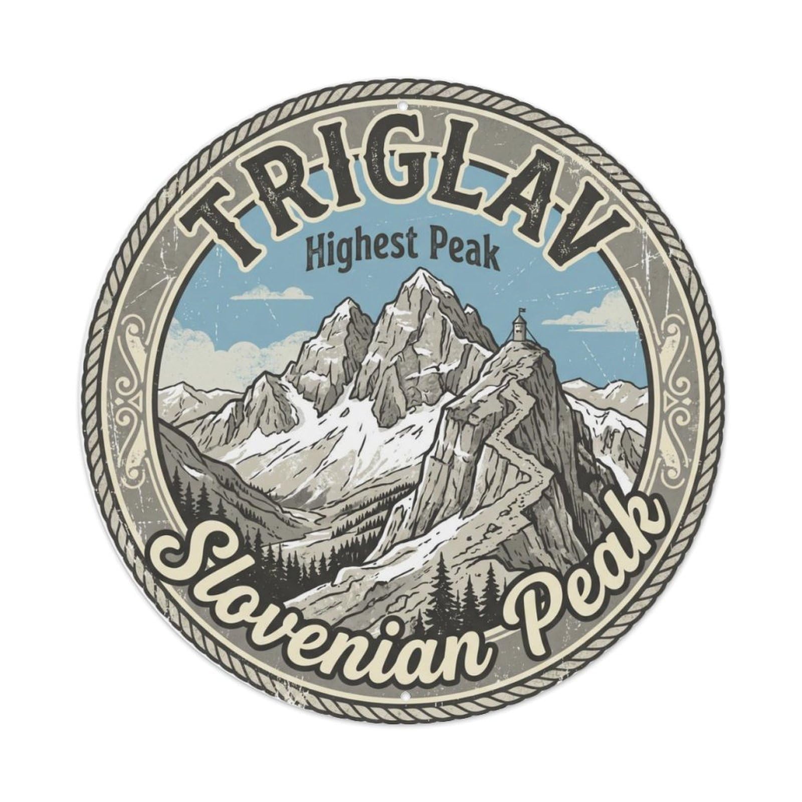 Vintage Travel Triglav Slovenian Summit Metal Tin Sign Plaque Wall Decor for Cafe, Club, Garden Round Metal Poster 8x8Inch