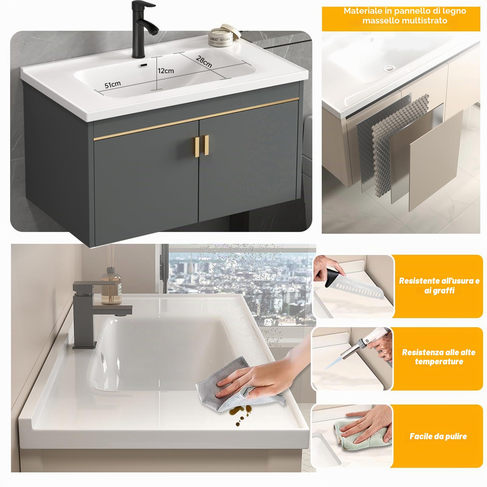Set di lavabo da bagno, mobiletto da parete, lavabo, armadietto a specchio e lavello con lavabo in ceramica e rubinetto (grigio, 60 x 40 cm)