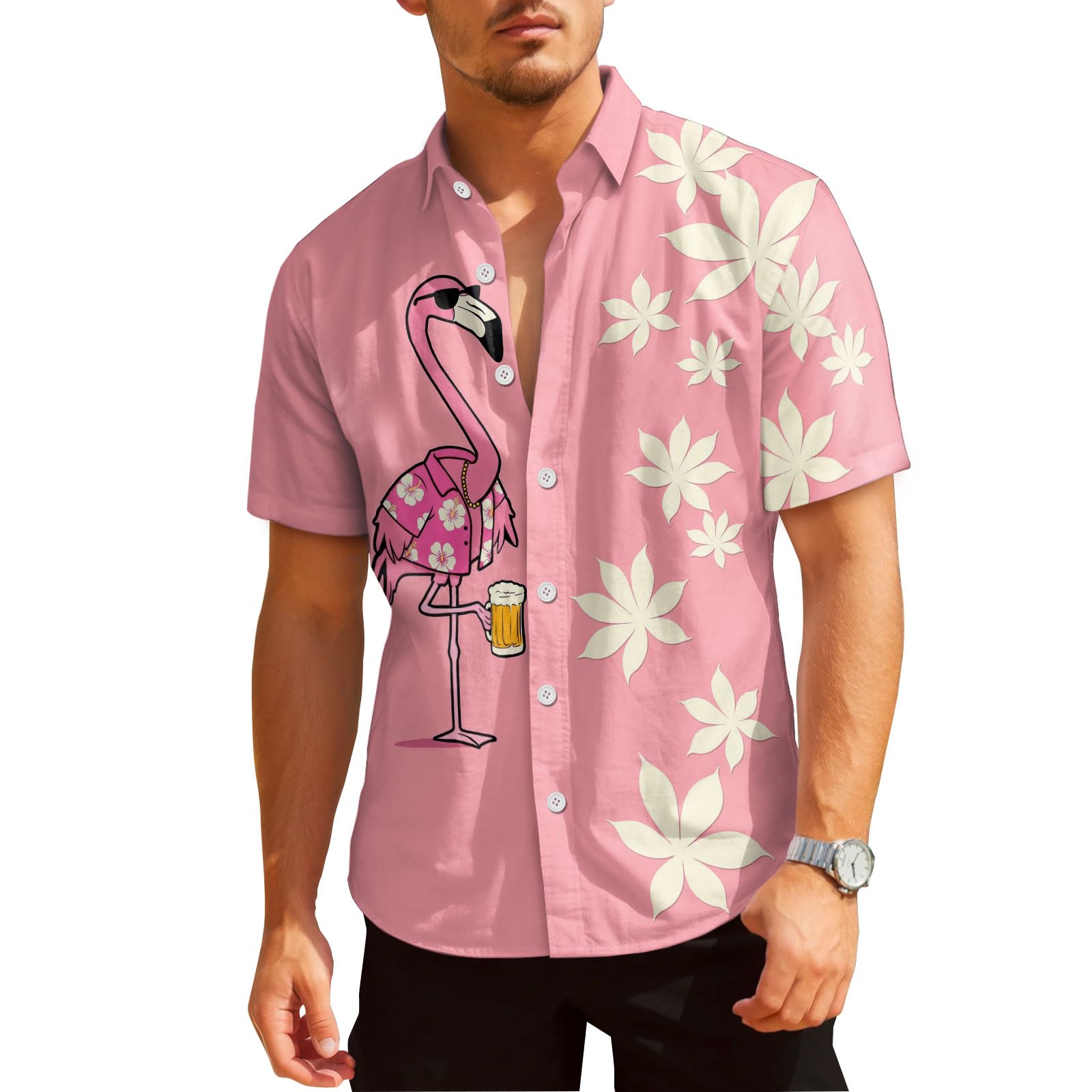 HUNTFAMI Hawaiian Button Down Shirt Unisex, Short Sleeve Floral Summer Shirt for Beach, Spring, Holiday &amp; Birthday Gift