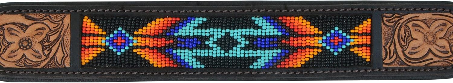 Leather Dog Collar Western Style Heavy Duty Hand Tooled Adjustable Beaded and Padded Soft for Puppies and Big Dogs 10AB016