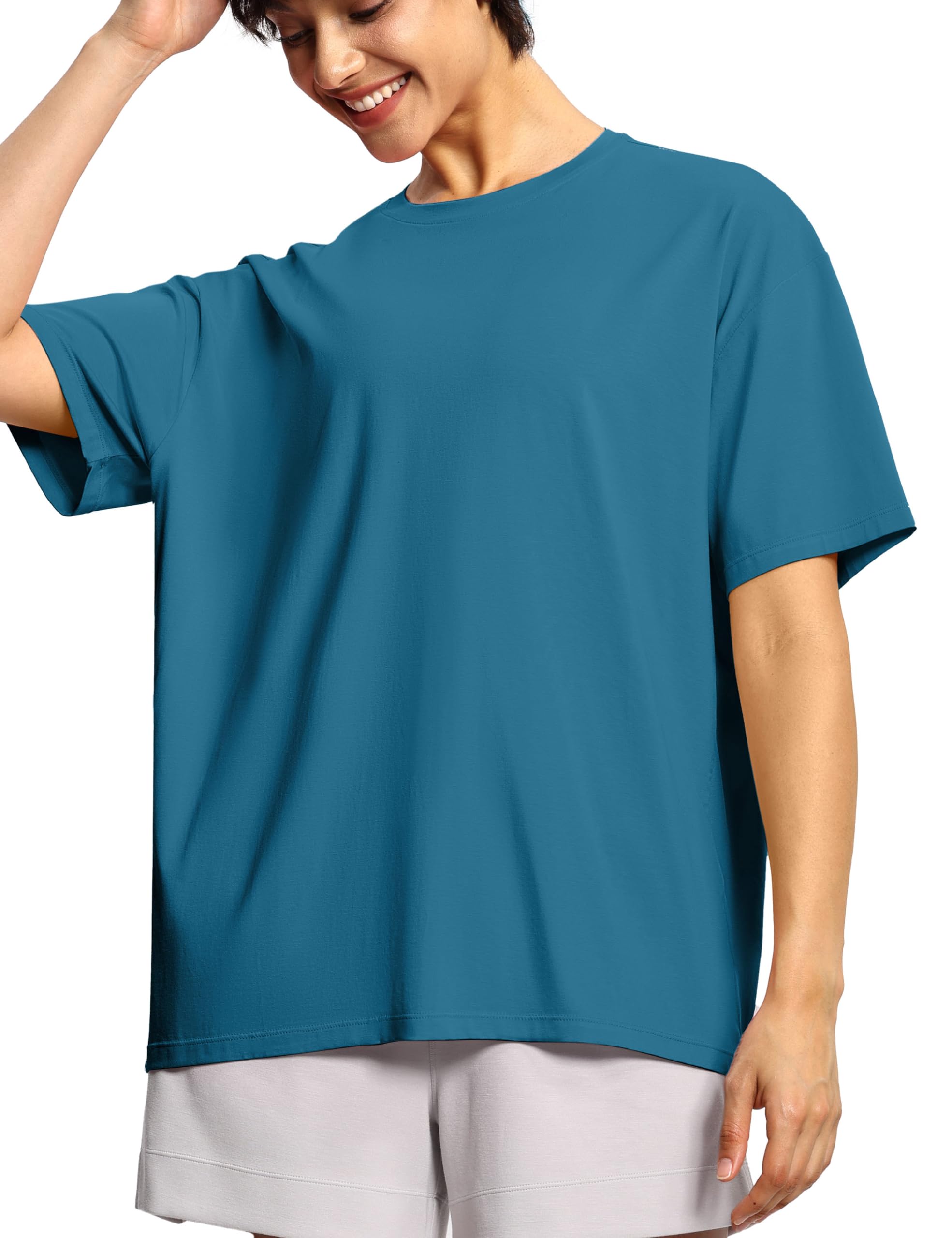 THE GYM PEOPLE Damen Oversize Baumwolle T-Shirt Kurzarm Basic Sport Shirts | Abfallende Schulter, Übergroße, Rundhalsausschnitt, Einfarbig, Leicht, Atmungsaktiv, Weich, Sommer Tops Fashion Gym Freizeit