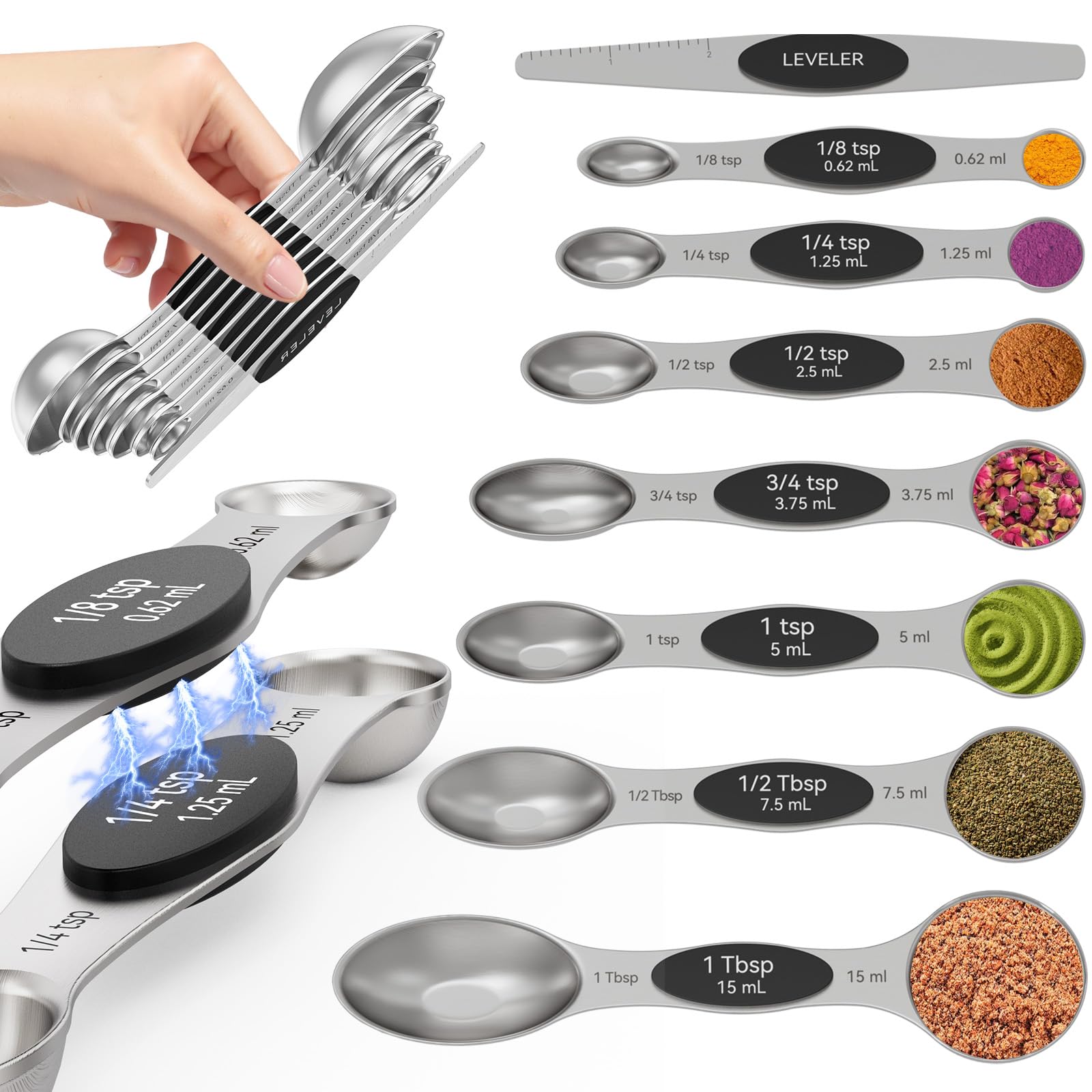 Magnetic Measuring Spoons Set of 8 | Heavy Duty 304 Stainless Steel, Triple Measurement Markings, Strong N52 Magnets, Easy to Clean, Space-Saving with Leveler Included (Black)