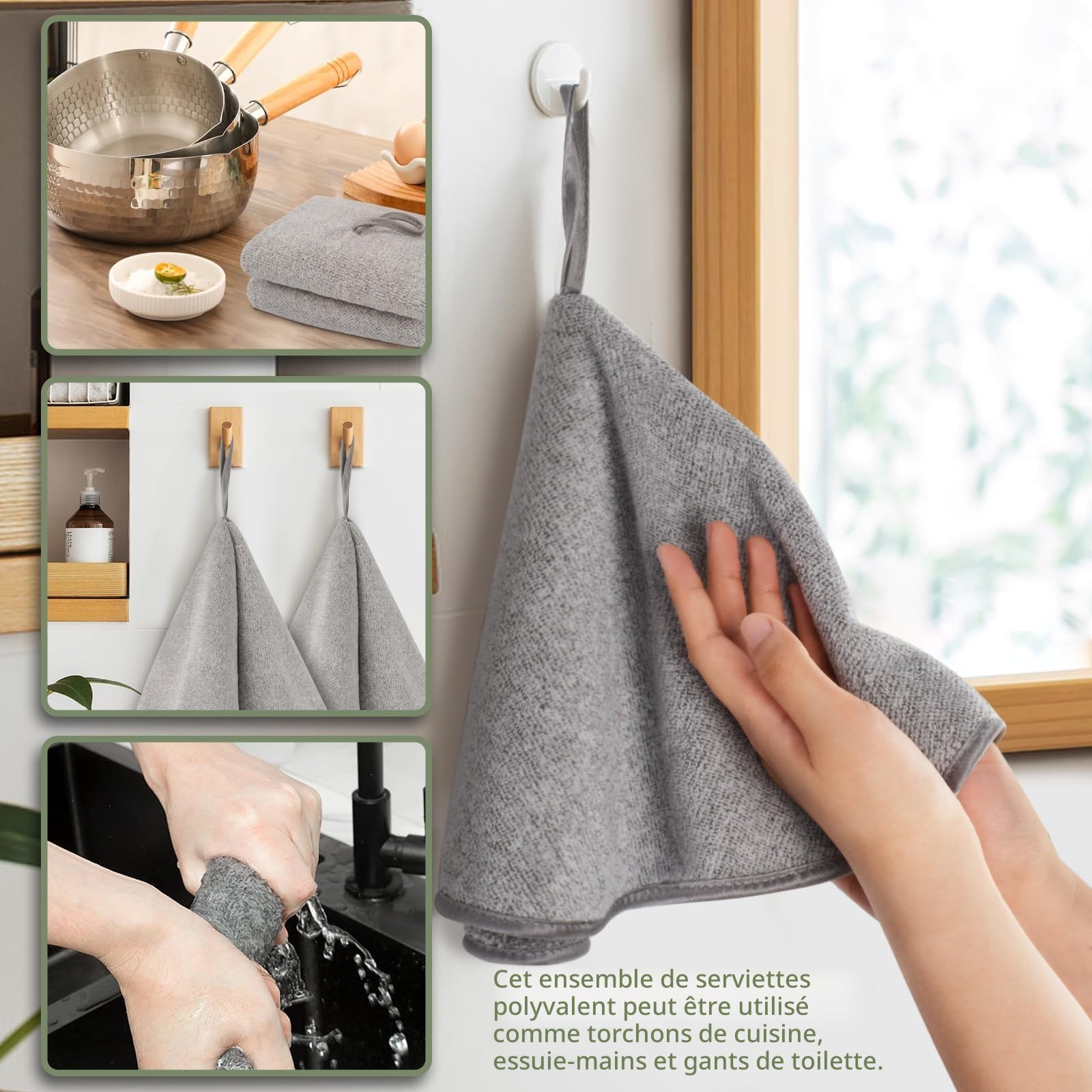 VIVOTE Lot de 2 Torchons Mains Cuisine Anneaux Essuie-Mains Salle de Bain Doux Absorbants Séchage Rapide Fibre Carbone Suspendre Cordon Gris 50x50 cm