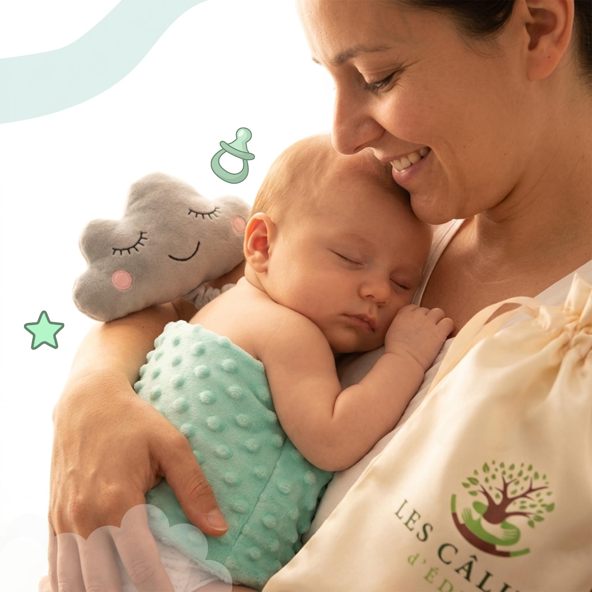 Ceinture bouillotte bébé anti-coliques – poche gel chaud/froid, doudou musical amovible, anneau de dentition silicone étoile, housse satin – soulage coliques & ballonnements – Certifiée CE