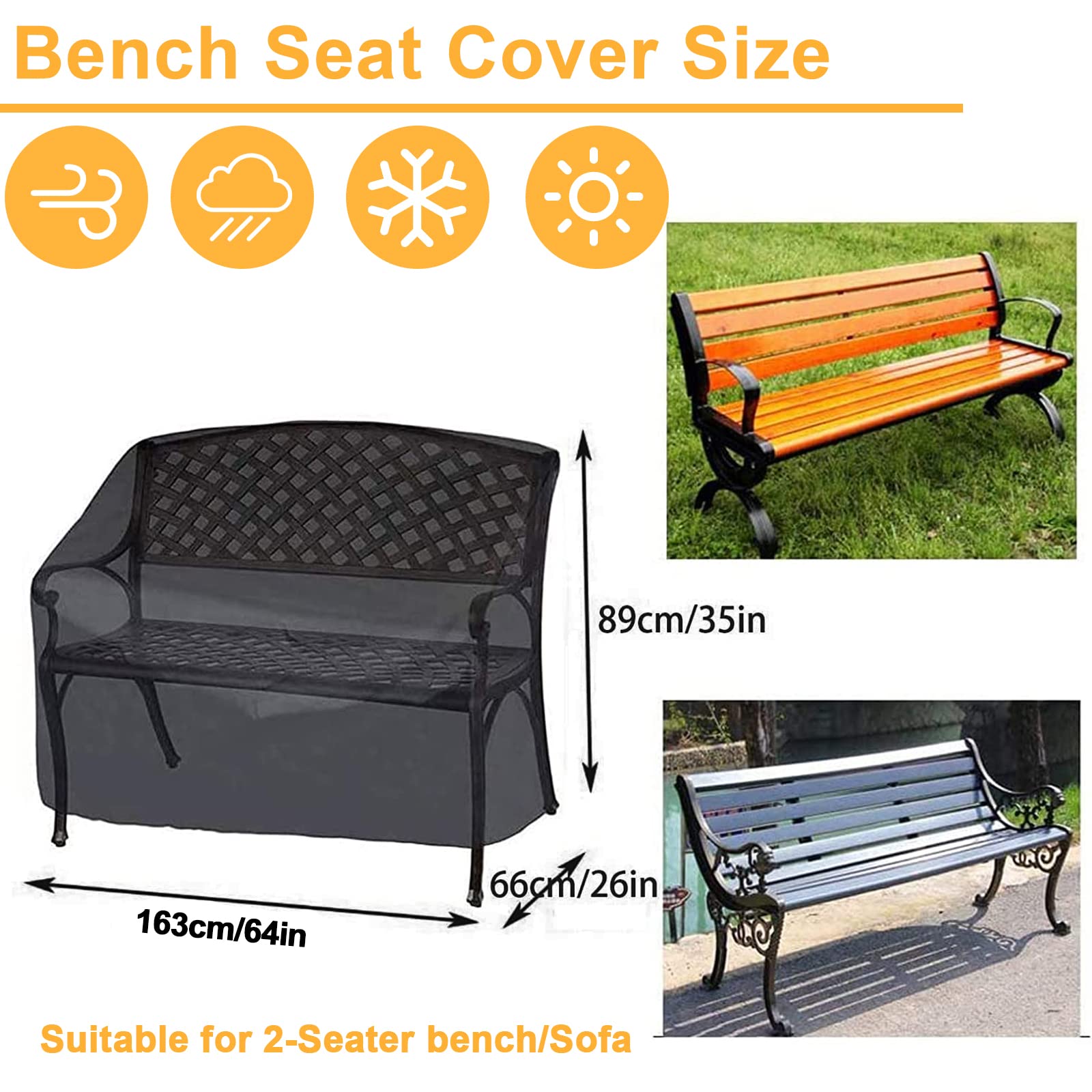 3 Seat Garden Bench Cover, 163x66x65/89cm Outdoor Patio Bench Seat Cover With Drawstring Heavy Duty 210d Oxford Fabric Rip Proof Waterproof Anti Uv Patio Rattan Furniture Protective Covers