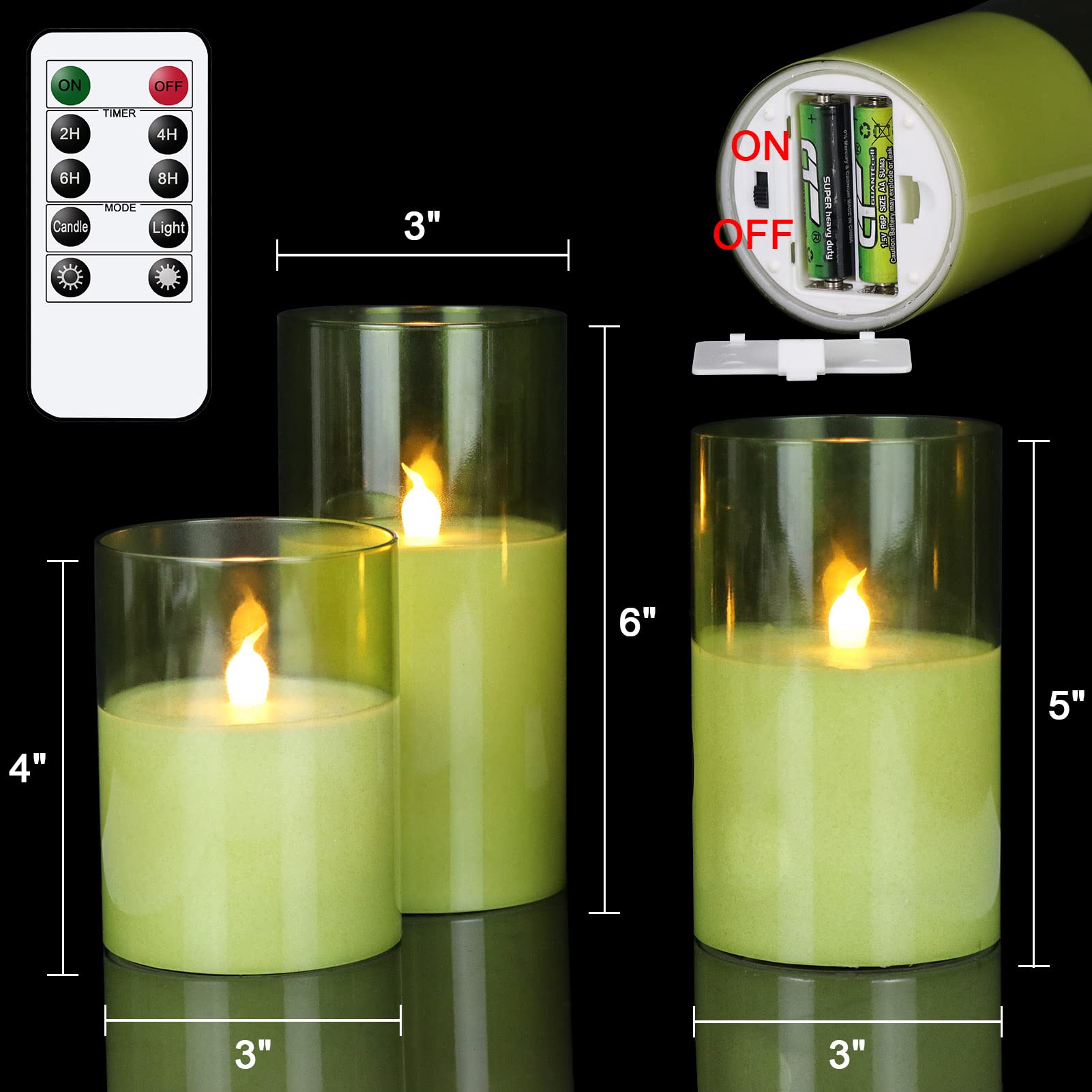 GenSwin Candele a LED senza fiamma, in vetro verde, funzionamento a batteria, con telecomando a 10 tasti e timer, candele in vera cera bianca calda, luce tremolante per la decorazione della casa (set