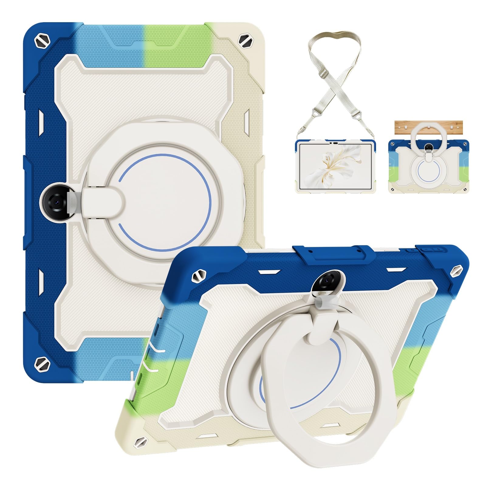Custodia protettiva resistente per Honor Pad 9 2023 da 12,1 pollici, supporto girevole a 360°, tracolla, portapenne e anello per manico, copertura antiurto, per bambini e adulti (blu bianco)