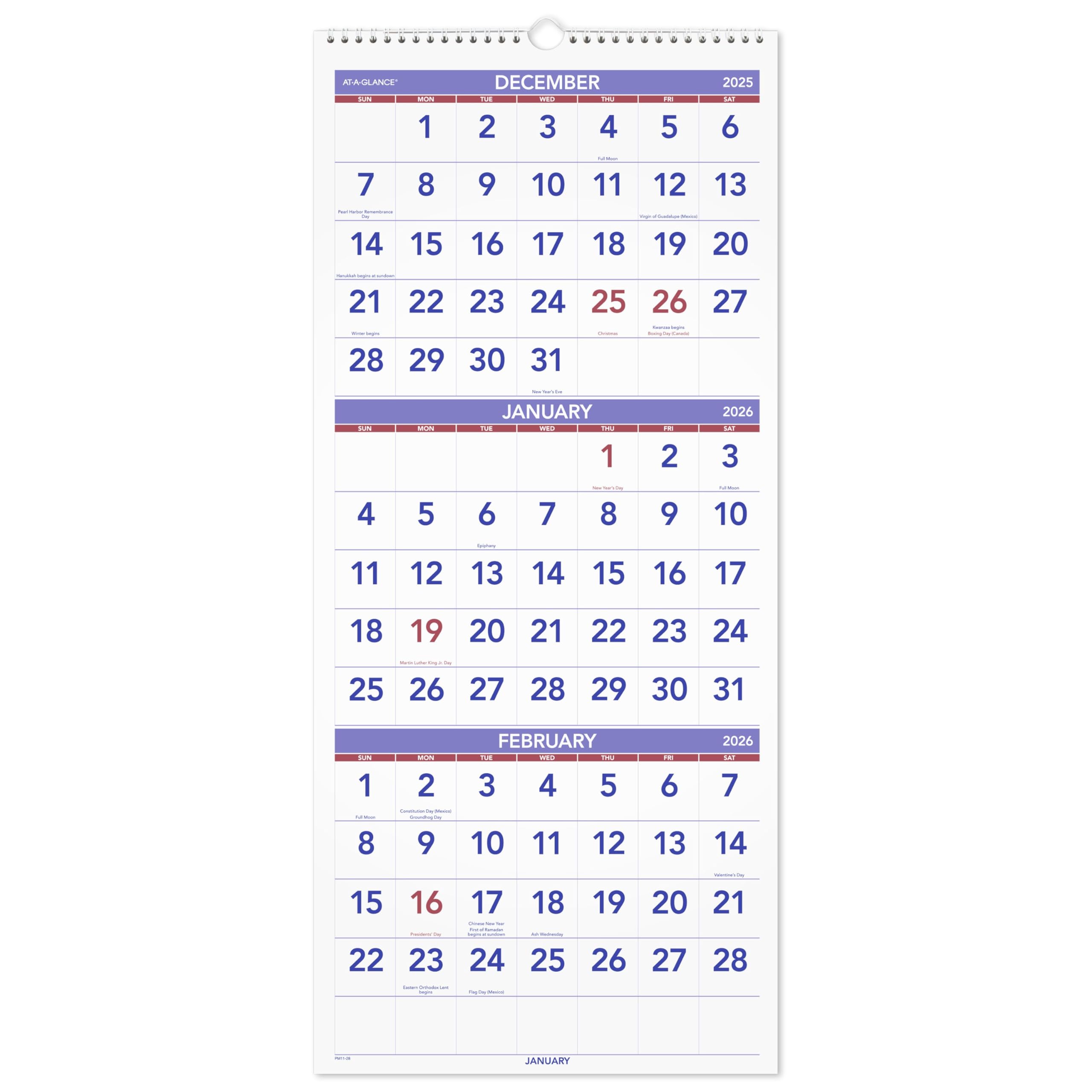 at-a-glance 2026 wall calendar 1234 x 2734 large vertical 3-month reference pm112826